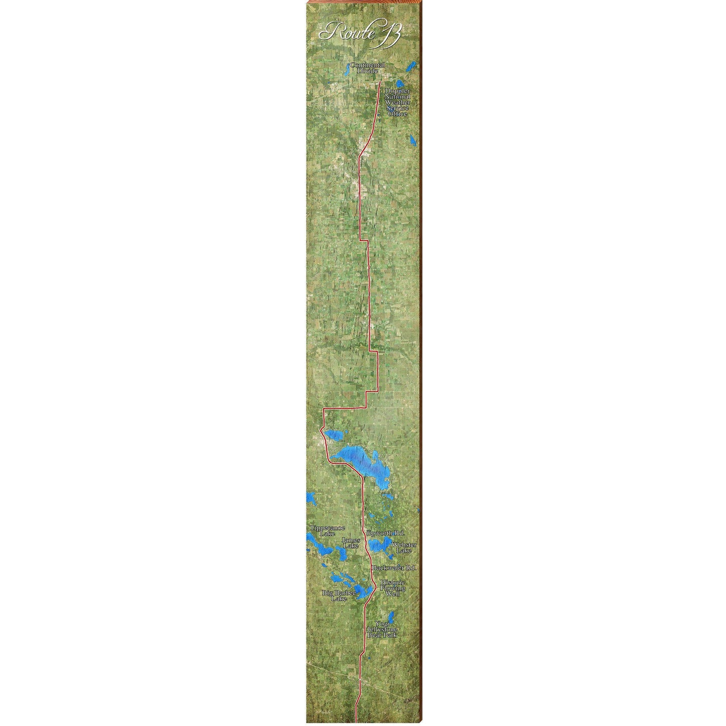 Route 13, Indiana Satellite Styled Map Large Wall Art | Wall Art Print on Real Wood