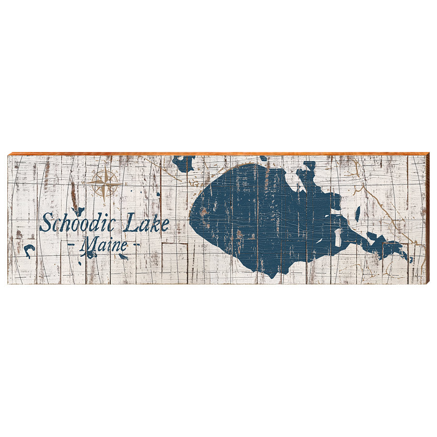 Schoodic Lake, Maine Navy & White Shabby Styled Map Wall Art | Wall Art Print on Real Wood