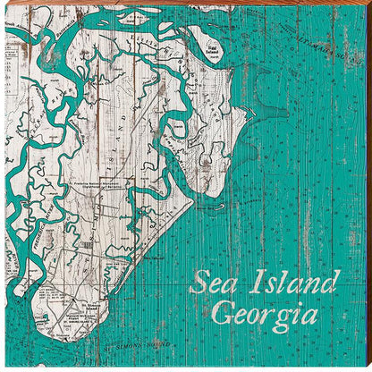 Sea Island, Georgia Teal & White Shabby Map | Wall Art Print on Real Wood