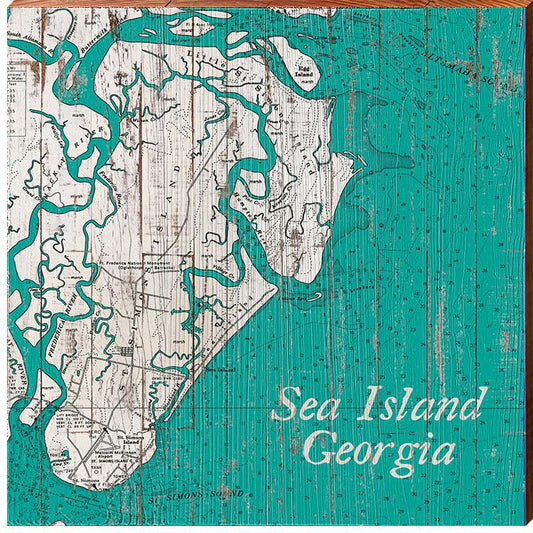 Sea Island, Georgia Teal & White Shabby Map | Wall Art Print on Real Wood