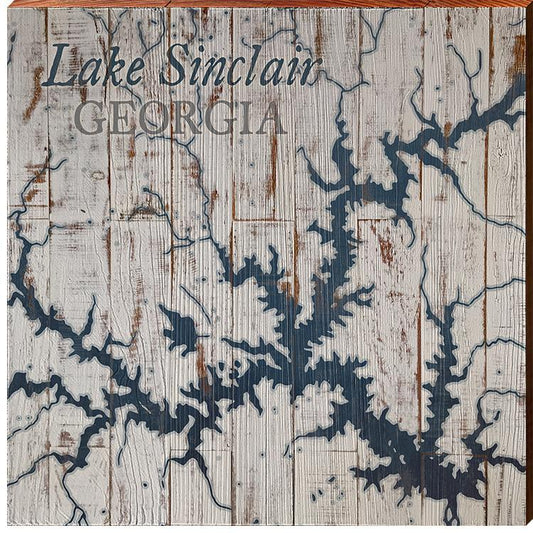 Lake Sinclair, Georgia Navy & White Shabby Styled Map Wall Art | Wall Art Print on Real Wood