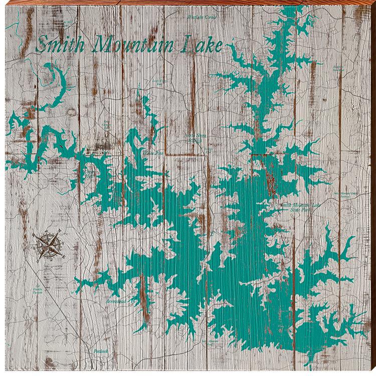 Smith Mountain Lake, Alabama Teal & White Shabby Map Wall Art | Wall Art Print on Real Wood