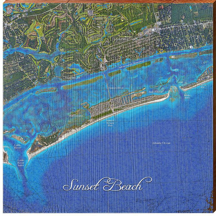 Sunset Beach, North Carolina Satellite Map Wall Art | Wall Art Print on Real Wood