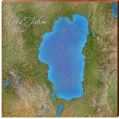 Lake Tahoe, California Satellite Map Wall Art | Wall Art Print on Real Wood