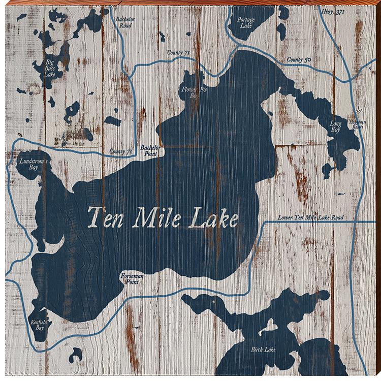 Tenmile Lake, Minnesota Navy & White Shabby Map Wall Art | Wall Art Print on Real Wood