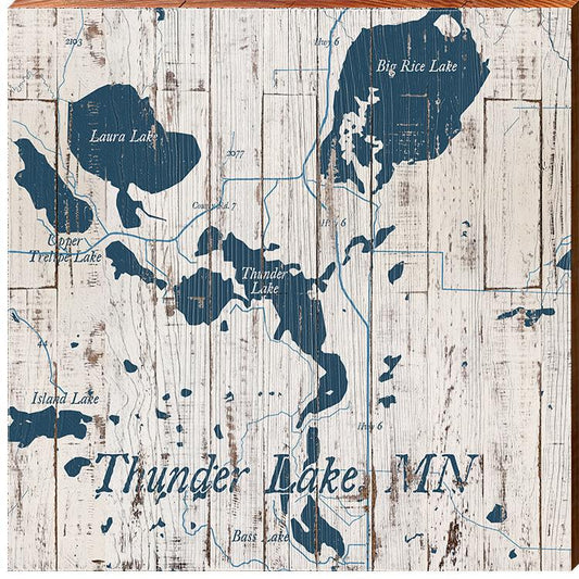 Thunder Lake, Minnesota Navy & White Shabby Map Wall Art | Wall Art Print on Real Wood