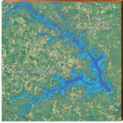J. Strom Thurmond Lake & Clarks Hill Lake Satellite Map Wall Art | Wall Art Print on Real Wood
