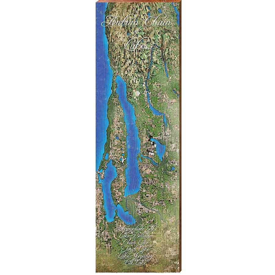 Antrim Chain of Lakes, Michigan Wooden Sign | Wall Art Print on Real Wood