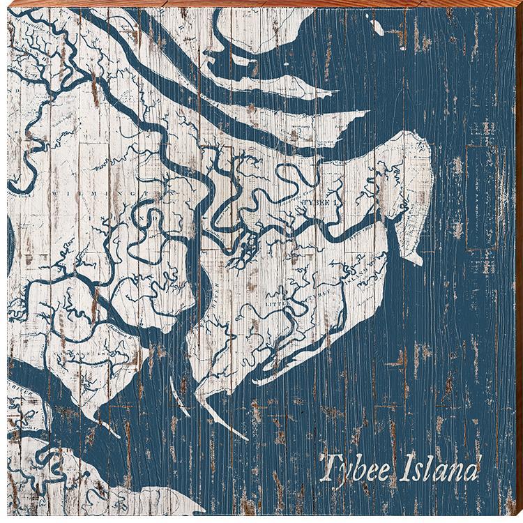 Tybee Island, Georgia Navy & White Shabby Styled Map Wall Art | Wall Art Print on Real Wood