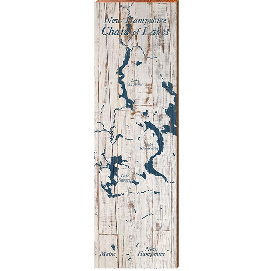 Chain of Lakes, New Hampshire Navy & White Shabby Map Wall Art Print on Real Wood