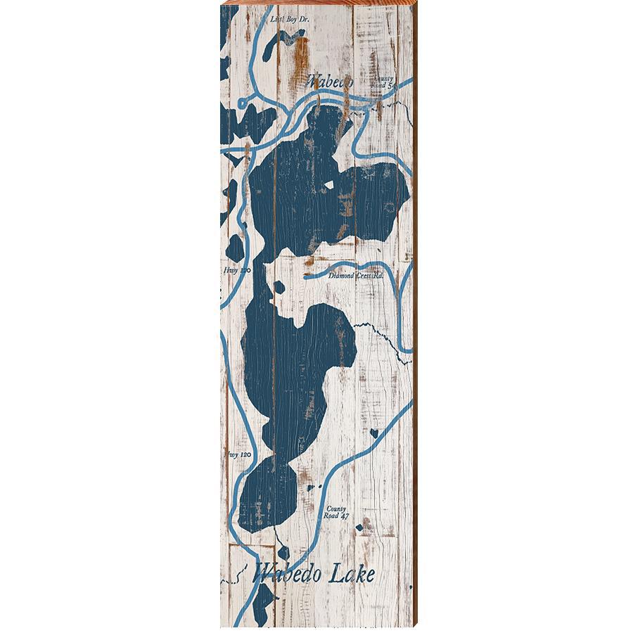 Wabedo Lake, Minnesota Navy & White Shabby Map Wall Art | Wall Art Print on Real Wood