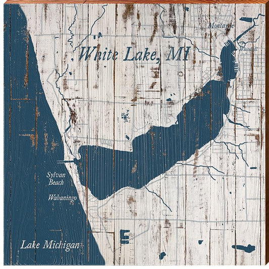 White Lake, MI Shabby Map Home Decor Art Print on Real Wood