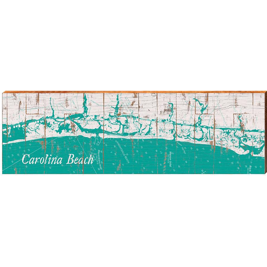 Carolina Beach, North Carolina Teal & White Shabby Map Wall Art | Wall Art Print on Real Wood