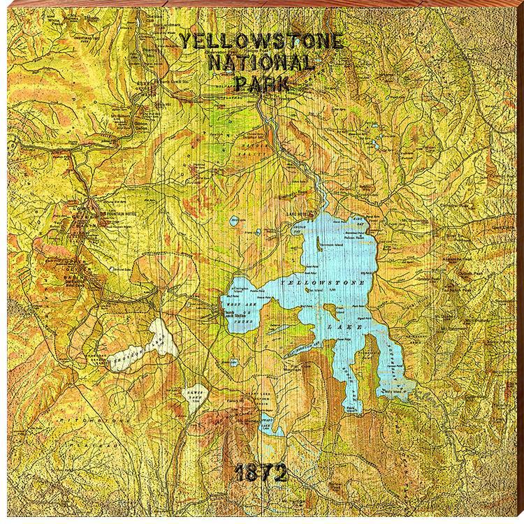 MILL WOOD ART Yellowstone National Park Map Home Decor Art Print on Real Wood (18"x18") Wall Art-Mill Wood Art