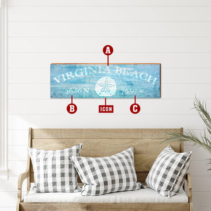 Customizable Coastal Blue Latitude Longitude Sign | Wall Art Print on Real Wood