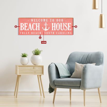 Customizable Coral Beach House Sign | Icon Choice | Wall Art Print on Real Wood