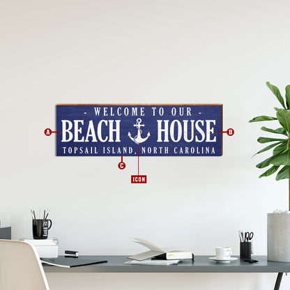Customizable Navy Beach House Sign | Icon Choice | Wall Art Print on Real Wood