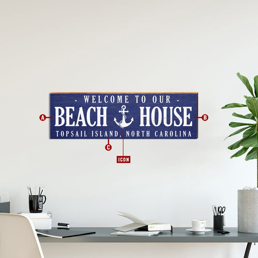 Customizable Navy Beach House Sign | Icon Choice | Wall Art Print on Real Wood