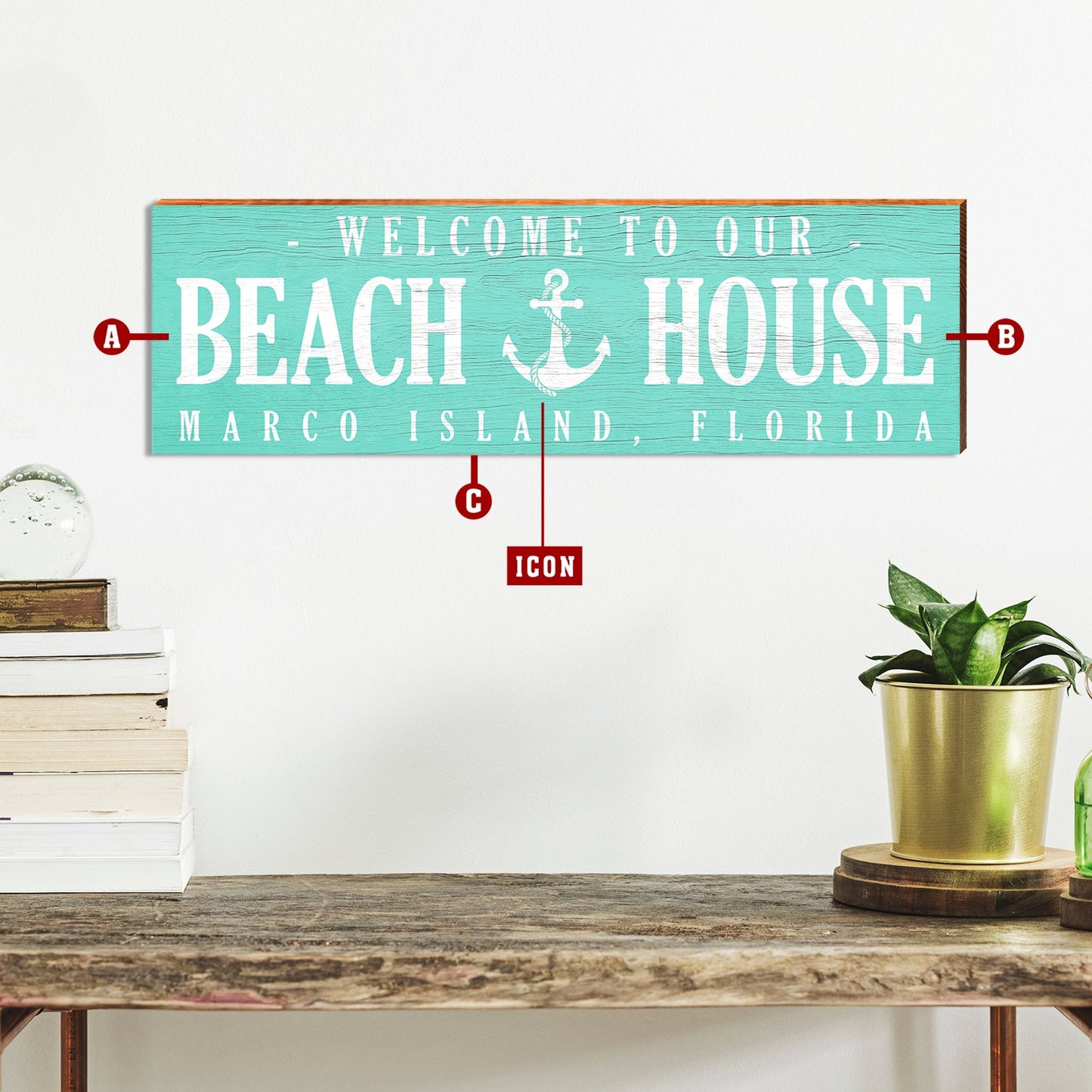 Customizable Teal Beach House Sign | Wall Art Print on Real Wood