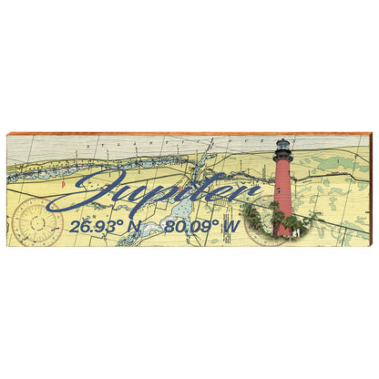 Jupiter, Florida with Jupiter Inlet Lighthouse Map Latitude Longitude Wooden Sign | Wall Art Print on Real Wood