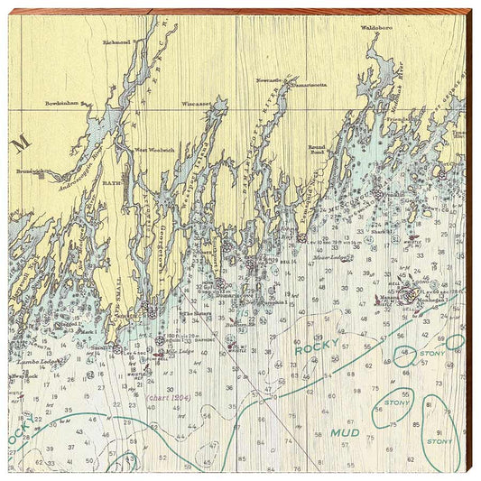 Bath, Maine and Surrounding Areas Navigational Chart Wall Art | Wall Art Print on Real Wood