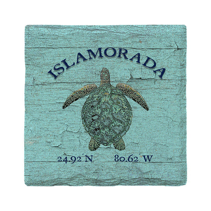 Islamorada Sea Turtle Blue Latitude Longitude | Absorbent Ceramic Drink Coaster