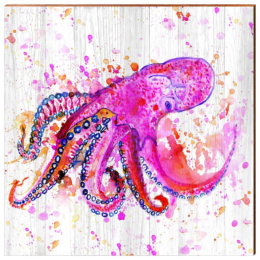 Watercolor Pink Octopus | Wall Art Print on Real Wood