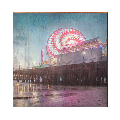 Santa Monica Ferris Wheel Evening Home Decor Art Print on Real Wood