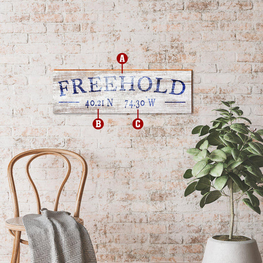 Minimalist White/Navy Latitude Longitude PLA11 | Wall Art Print on Real Wood