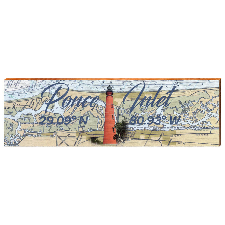 Ponce Inlet, Florida Navigational Chart with Ponce de Leon Inlet Lighthouse Wall Art | Wall Art Print on Real Wood