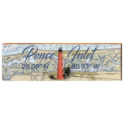 Ponce Inlet, Florida Navigational Chart with Ponce de Leon Inlet Lighthouse Wall Art | Wall Art Print on Real Wood