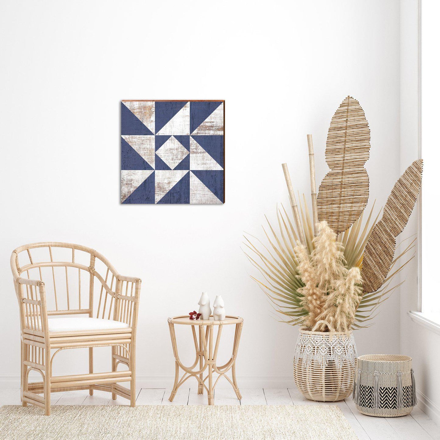 Wooden Barn Quilt | Navy & White Shabby | Wall Art Print on Real Wood