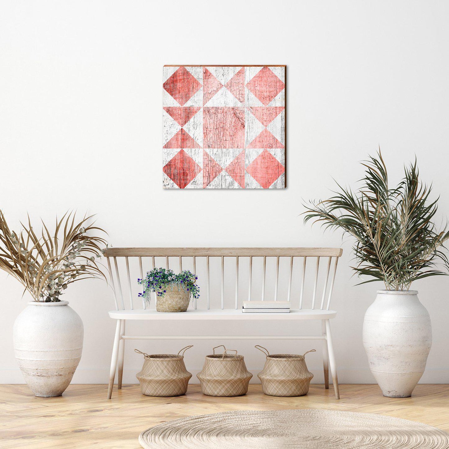 Red & White Mosaic Barn Quilt Wooden Sign | Wall Art Print on Real Wood