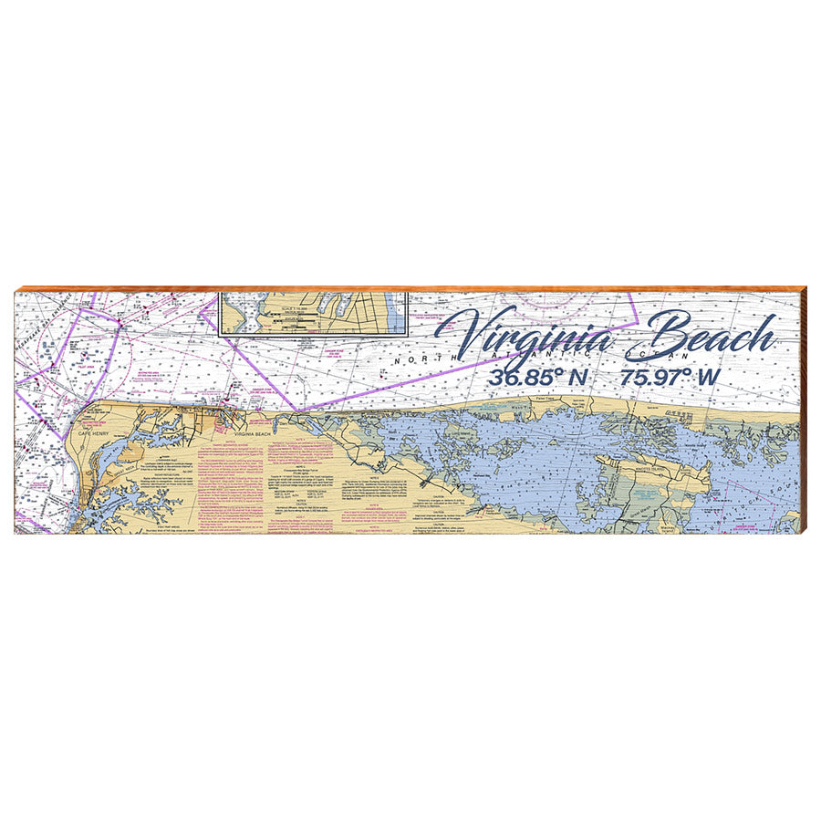 Virginia Beach, Virginia Navigational Styled Chart Wall Art | Wall Art Print on Real Wood