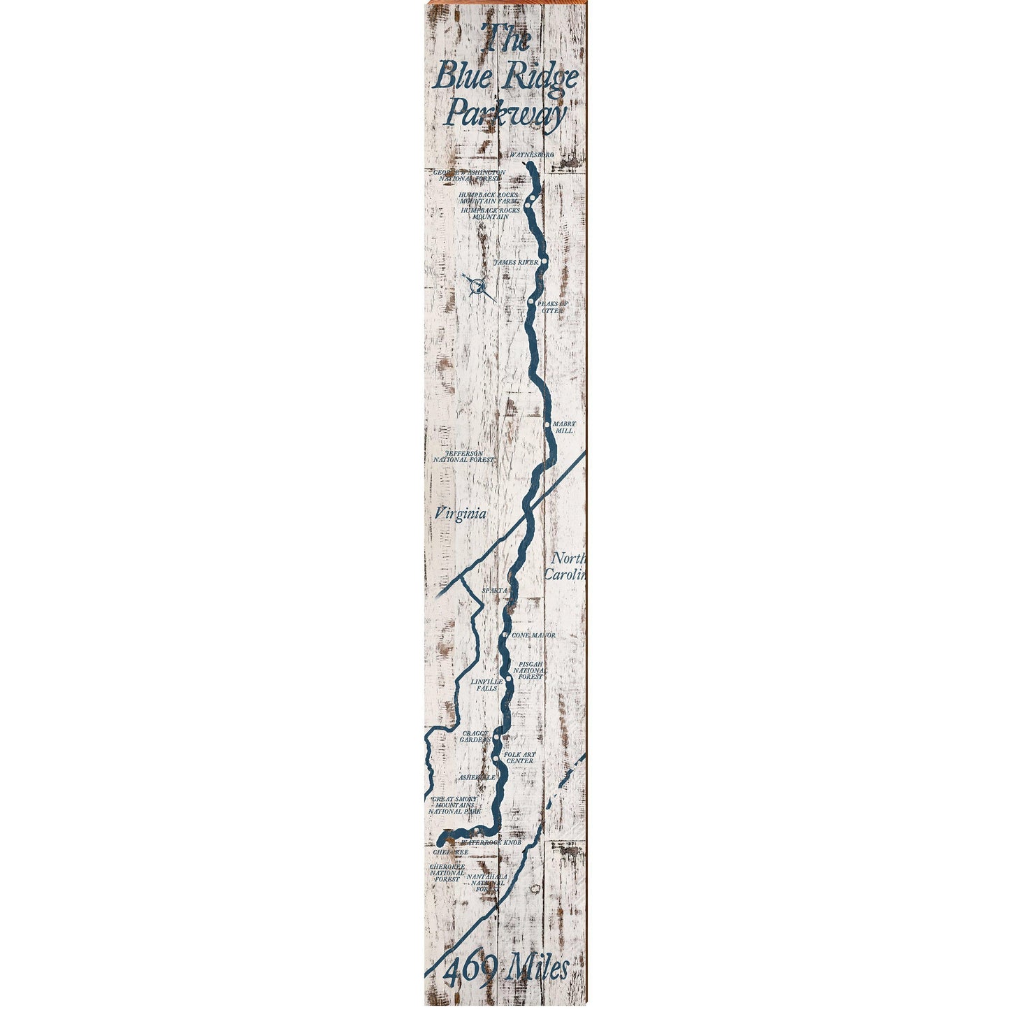 The Blue Ridge Parkway Labeled Map Wooden Sign | Wall Art Print on Real Wood