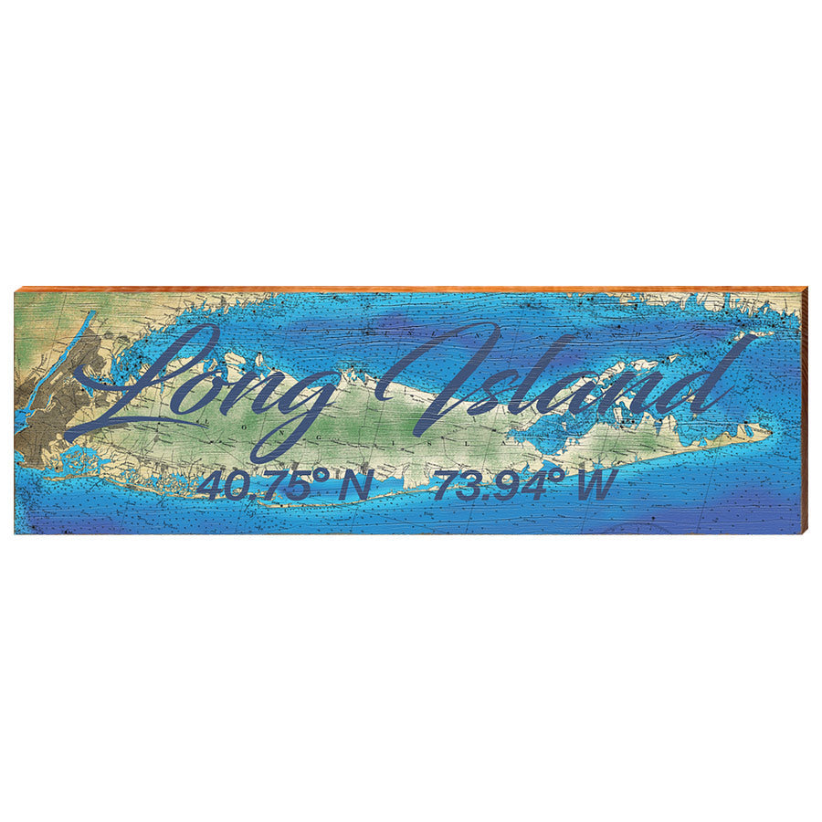 Long Island, New York Topographical Styled Chart - Cursive Text Wall Art | Wall Art Print on Real Wood