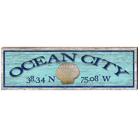 Ocean City Shell Blue Latitude Longitude | Wall Art Print on Real Wood