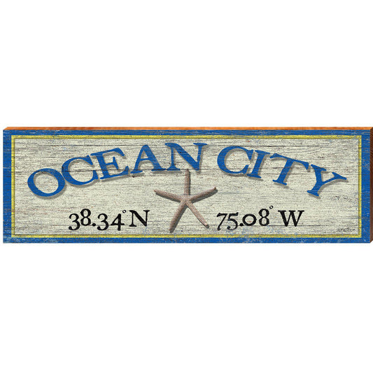 Ocean City Starfish White/Blue Latitude Longitude | Wall Art Print on Real Wood