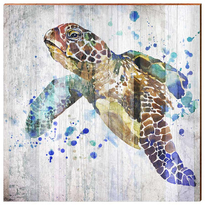 Watercolor Splash Sea Turtle | Wall Art Print on Real Wood