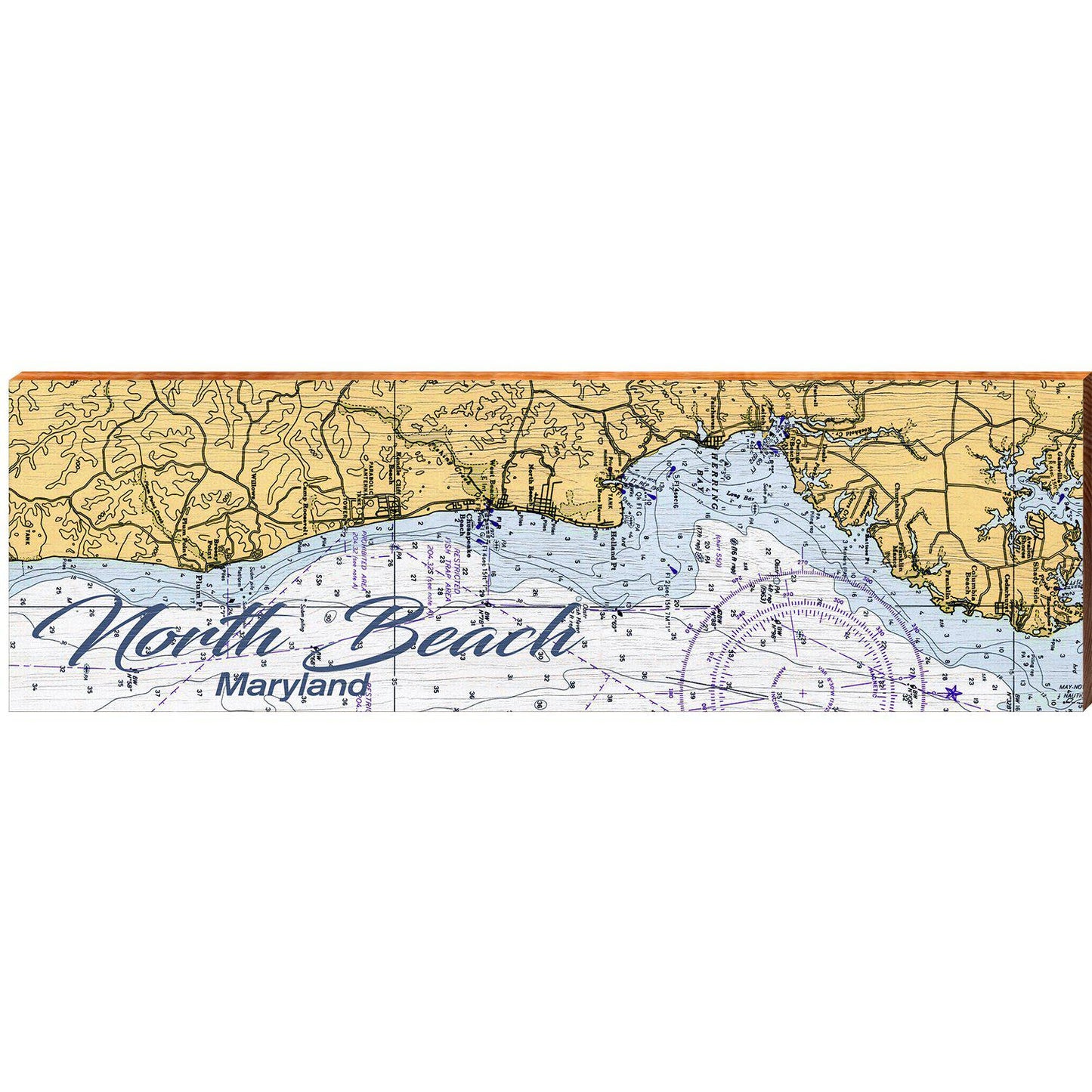 North Beach, Maryland Navigational Styled Chart Wall Art | Wall Art Print on Real Wood