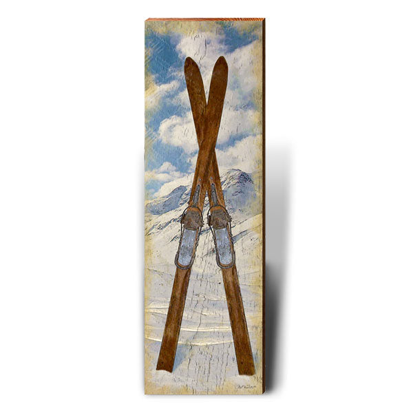 Vintage Skis Wooden Sign | Wall Art Print on Real Wood | Mountain Lodge Rustic Cabin Skiing Decor