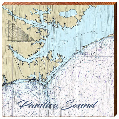 Pamlico Sounds, North Carolina Navigational Styled Chart Wall Art | Wall Art Print on Real Wood