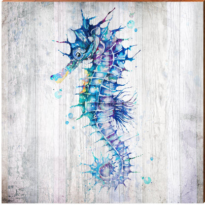 Sea Horse Blue Watercolor | Wall Art Print on Real Wood