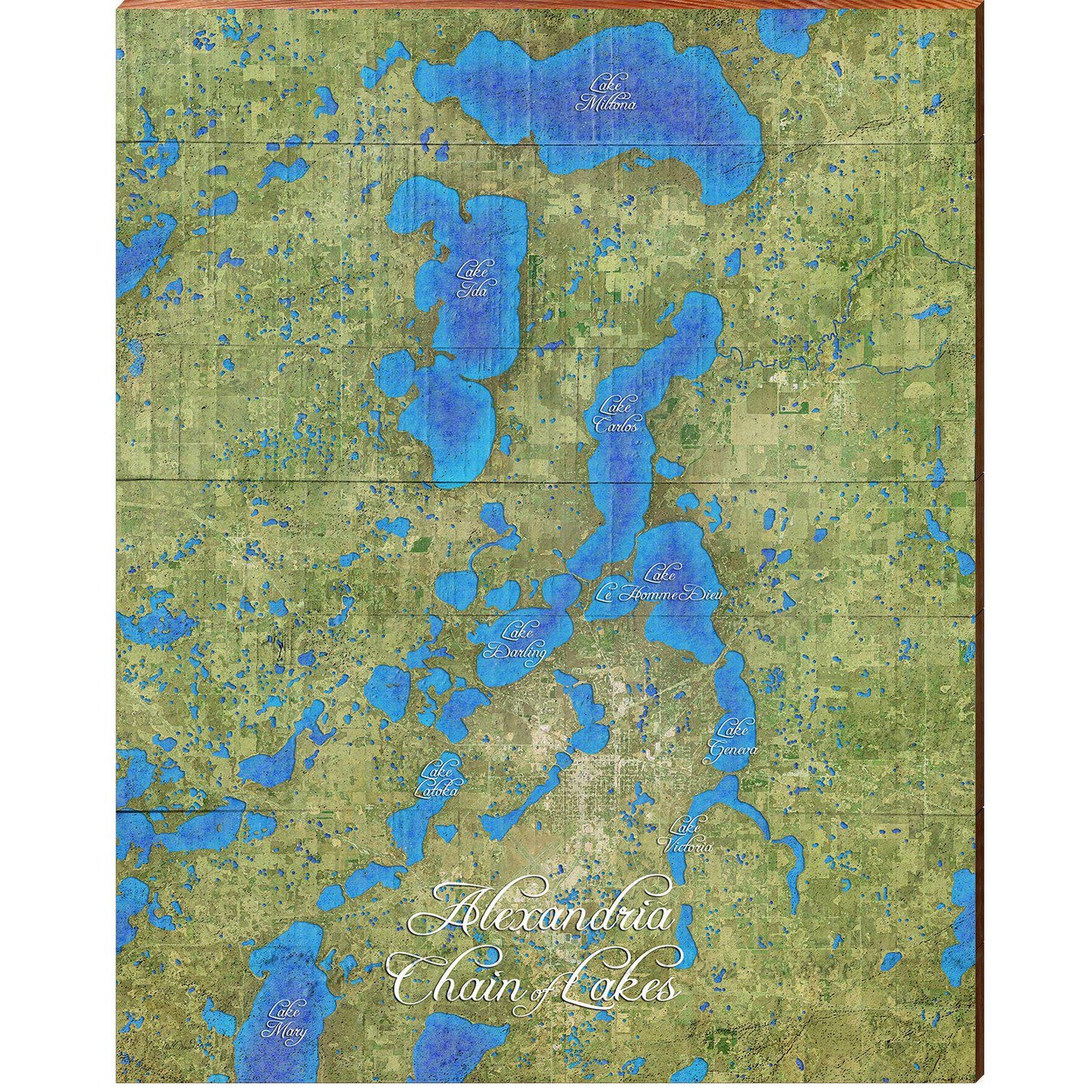 Alexandria Chan of Lakes Satellite Map | Wall Art Print on Real Wood