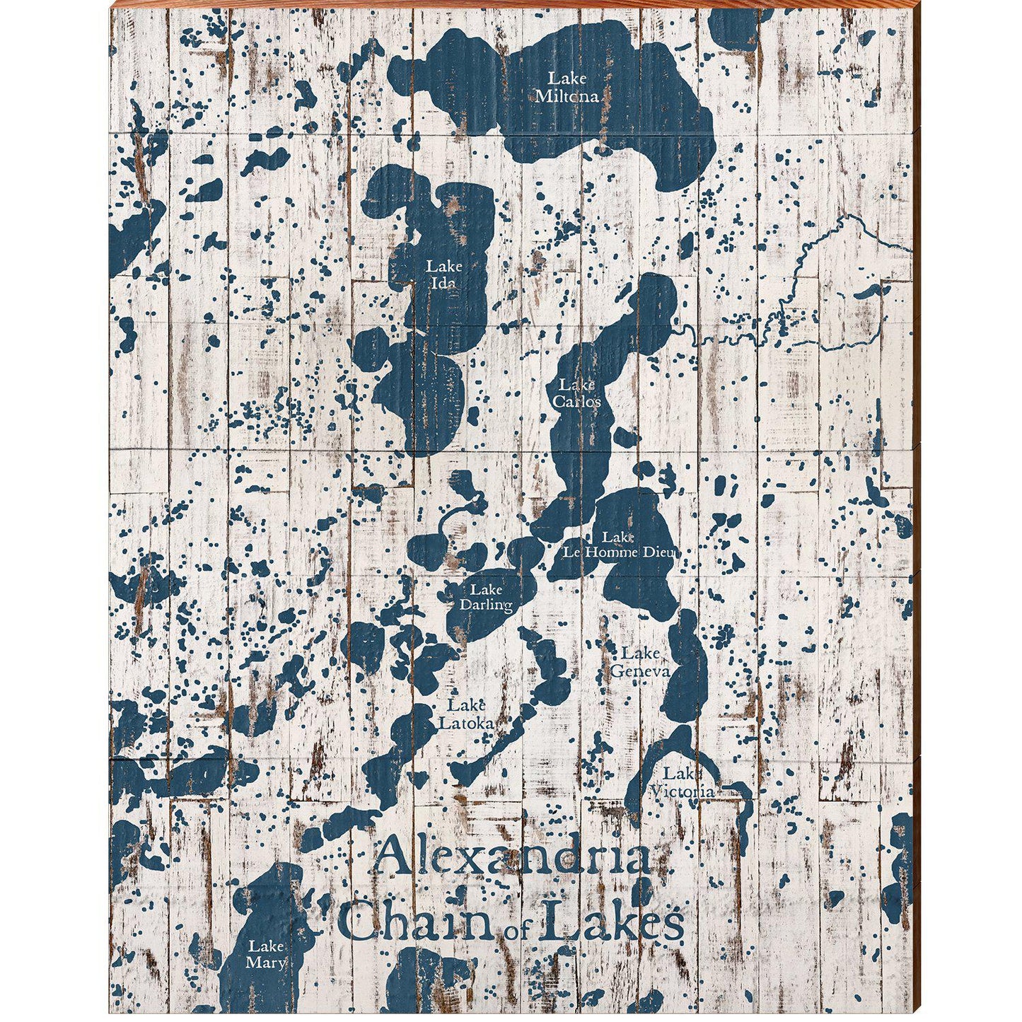 Alexandria Chain of Lakes White & Navy Shabby Map | Wall Art Print on Real Wood