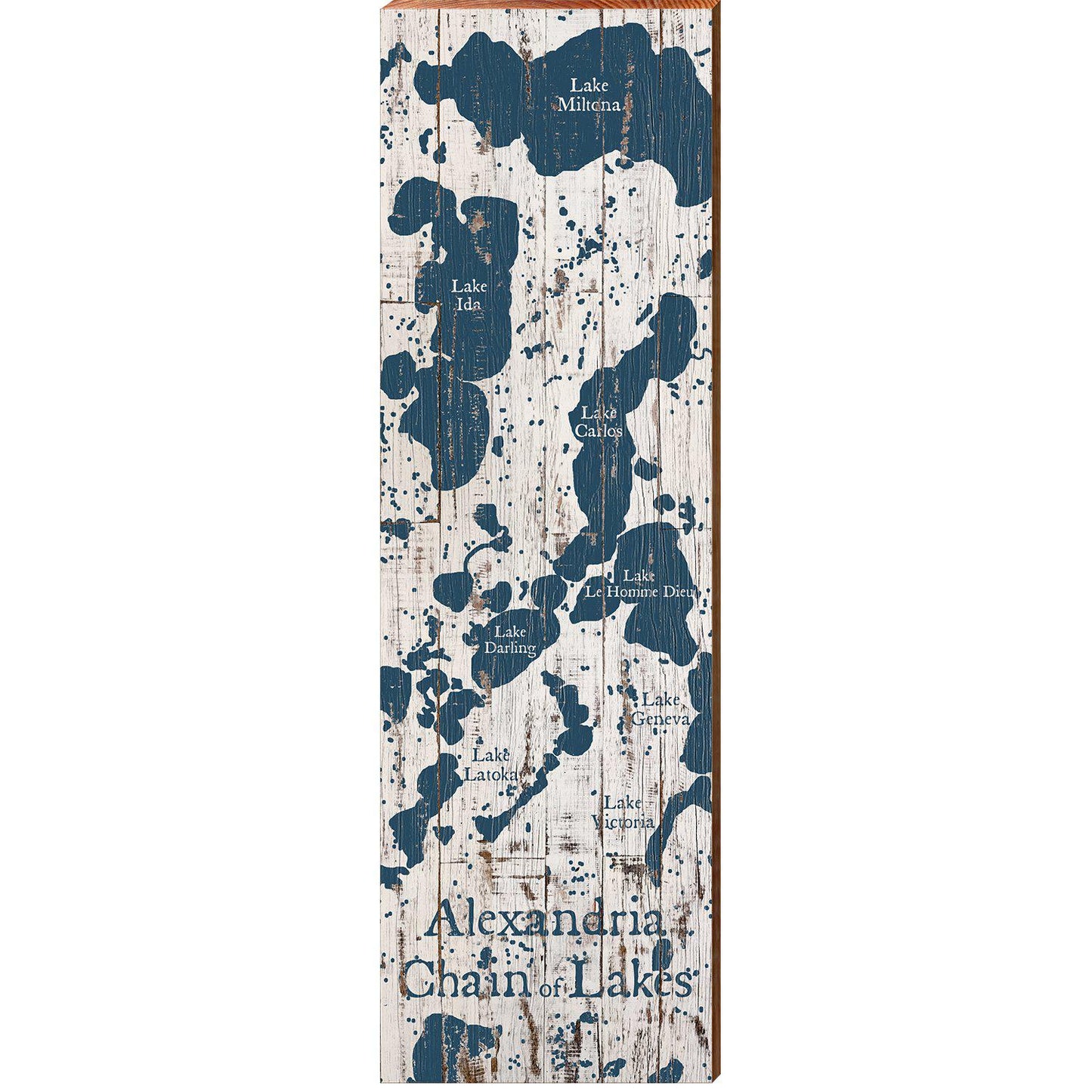 Alexandria Chain of Lakes White & Navy Shabby Map | Wall Art Print on Real Wood