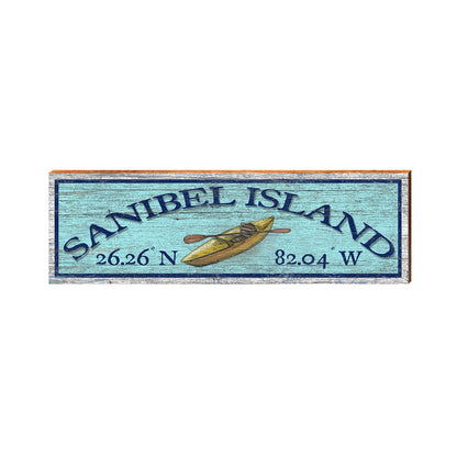 Sanibel Island Yellow Kayak Blue Latitude Longitude | Real Wood Art Print