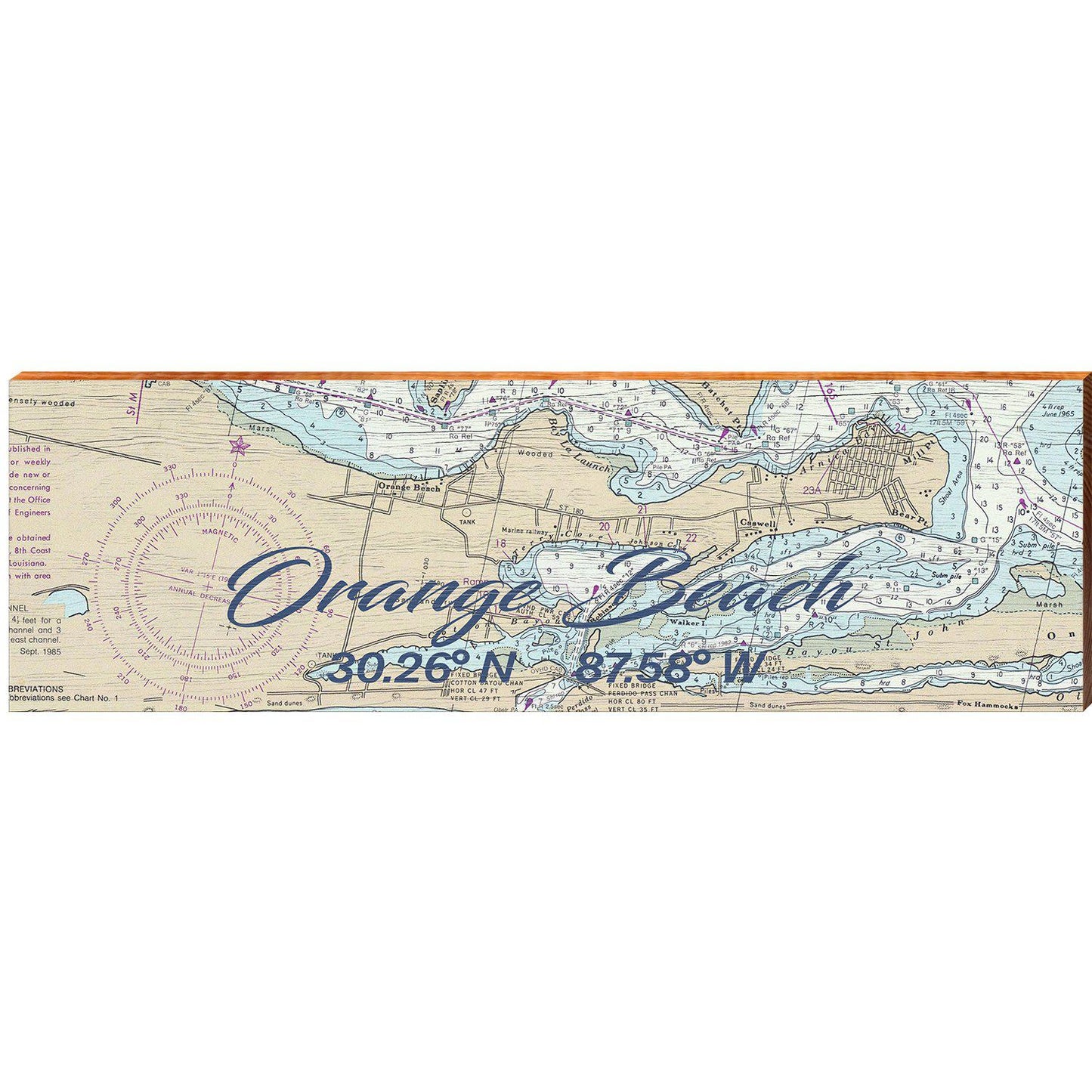Orange Beach, Alabama Map Latitude Longitude Wooden Sign | Wall Art Print on Real Wood