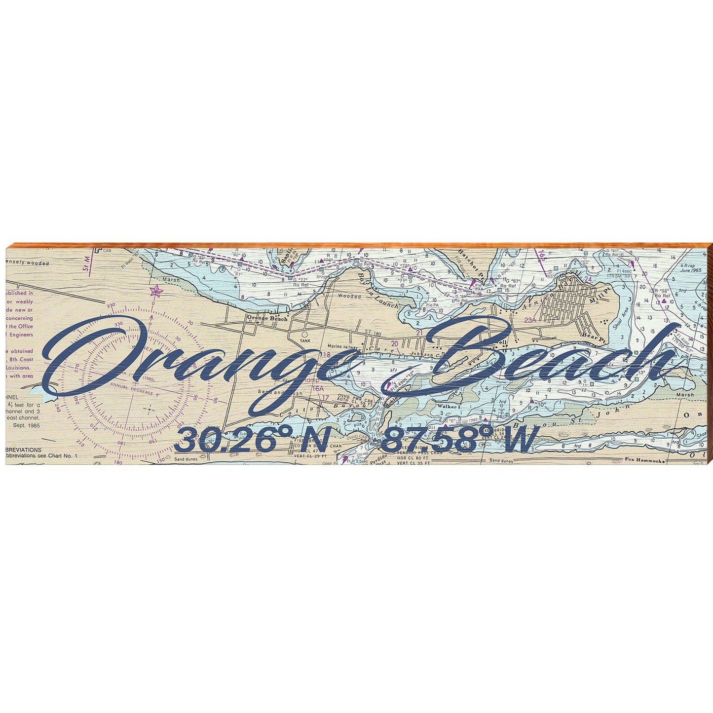 Orange Beach, Alabama Latitude Longitude Map Wooden Sign | Wall Art Print on Real Wood