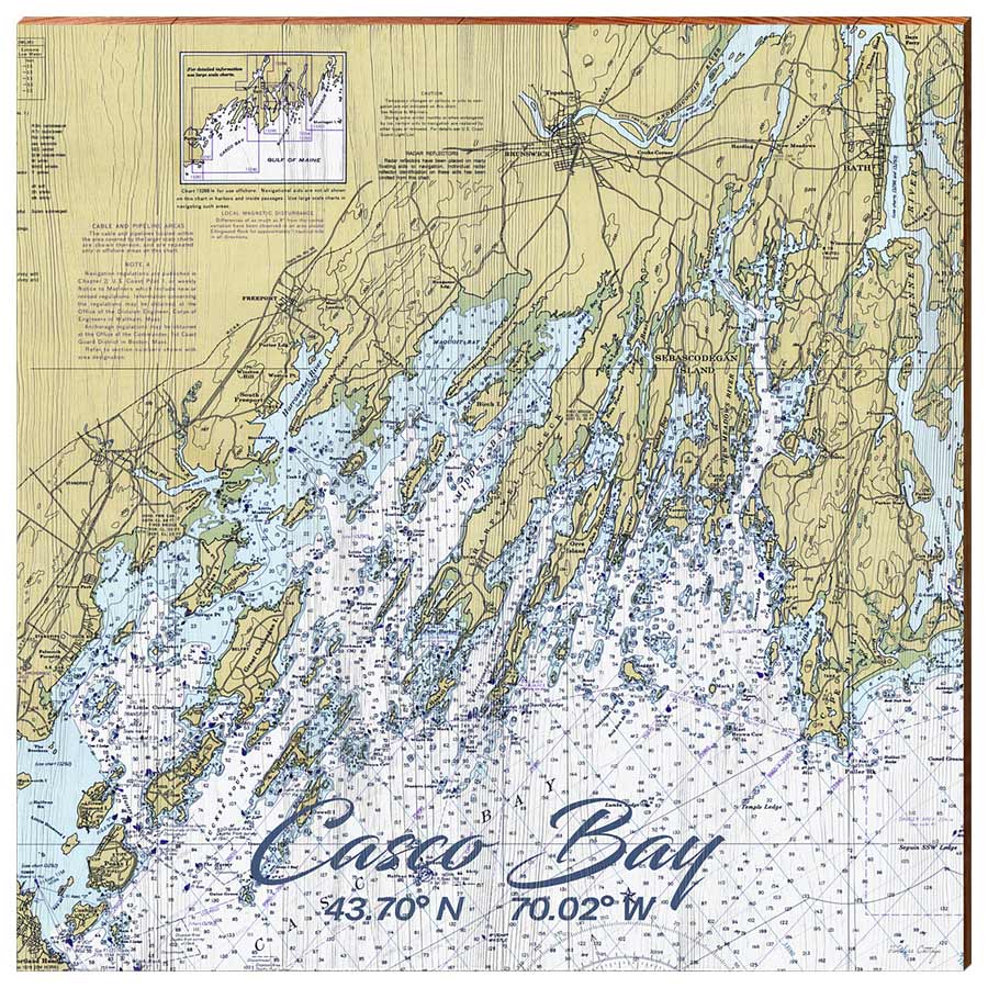 Casco Bay, Maine Navigational Chart Wall Art | Wall Art Print on Real Wood